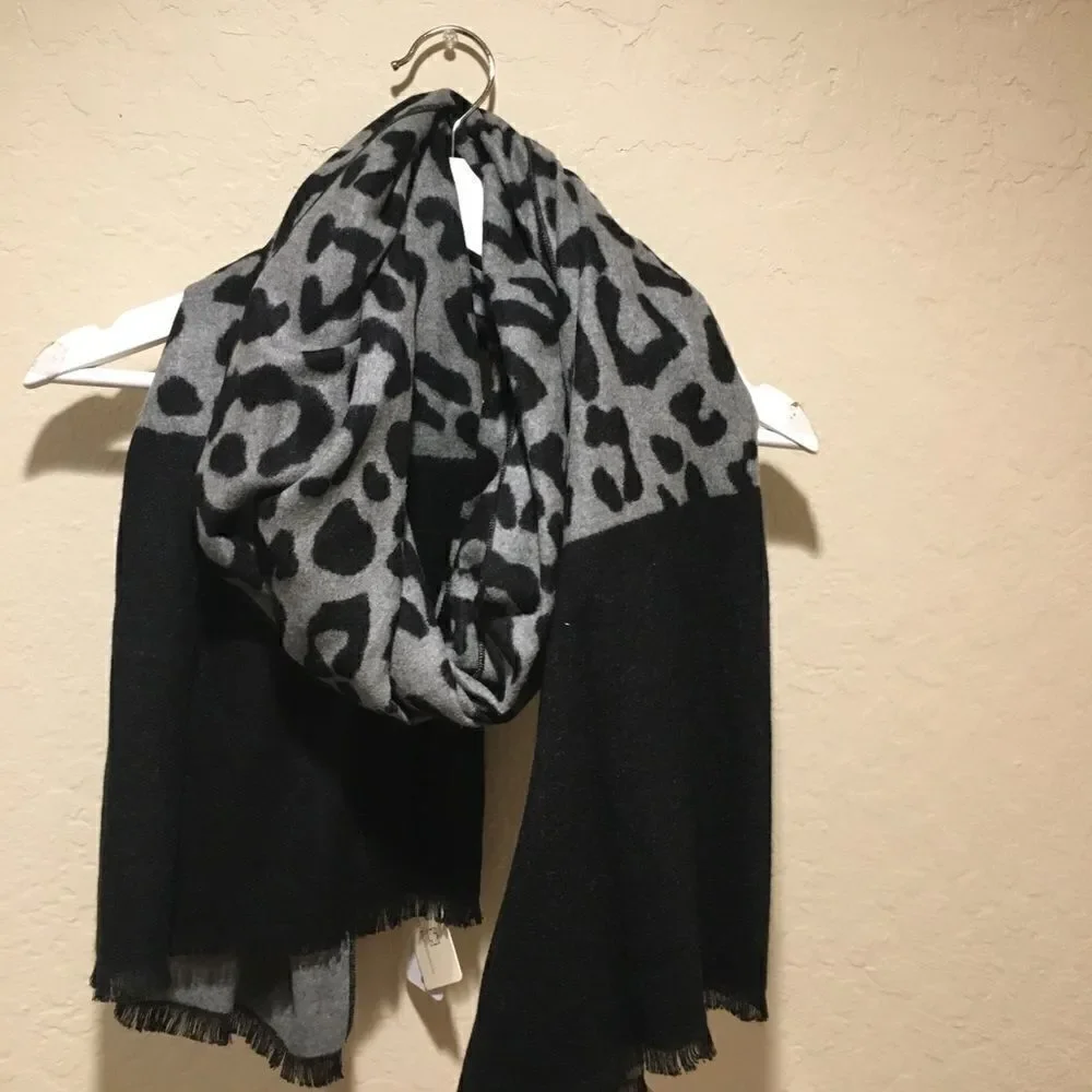 Black grayLeopard animal print scarf soft cozy New